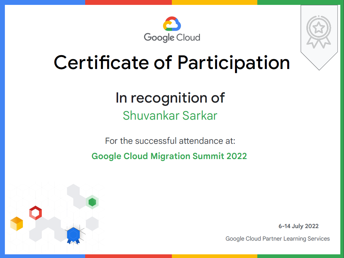Google Cloud Migration Summit certificate.